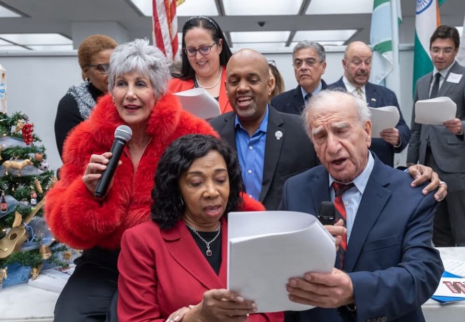 Cook County Treasurer Maria Pappas with dignitaries, including Judge Joy Cunningham (front L), at a past holiday party. (Photo by Candace Jordan)